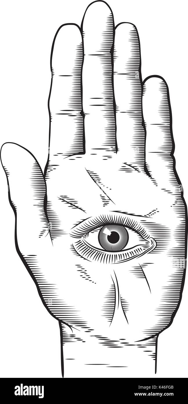 Vector illustration d'Hamsa mystique œil qui voit tout en main. Vintage style gravé le dessin. Illustration de Vecteur