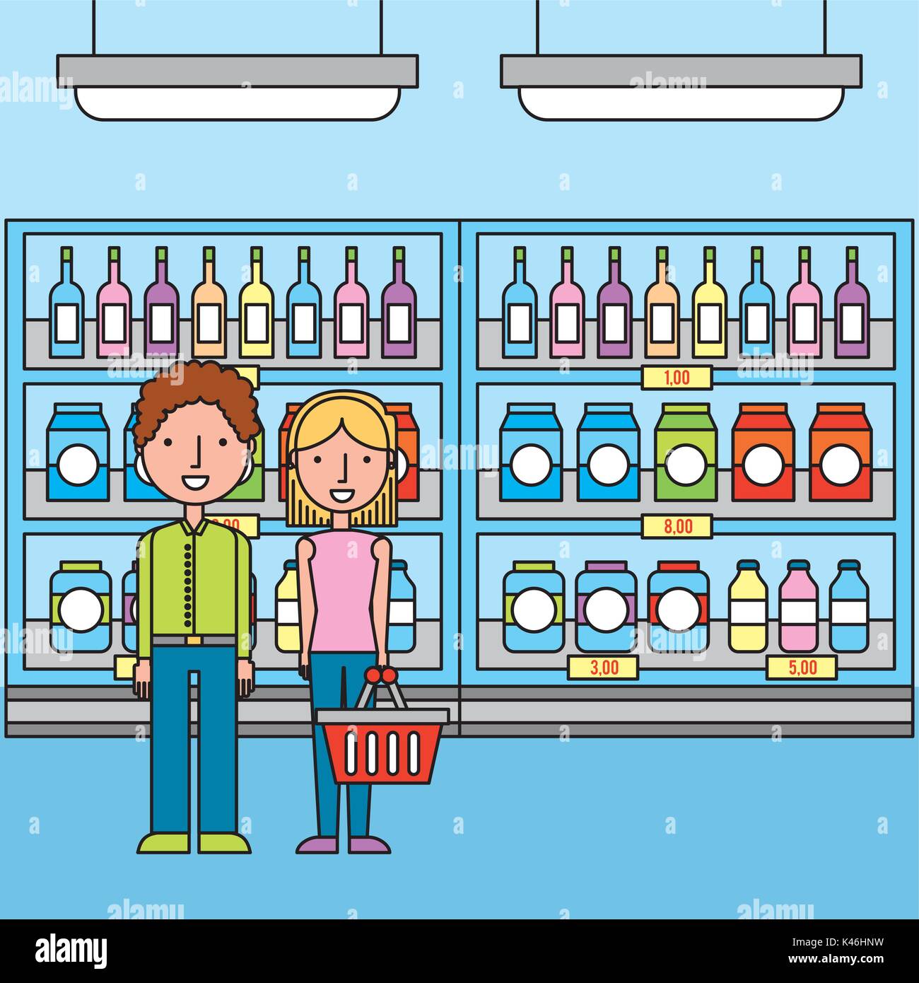 Couple dans les rayons des supermarchés avec des bouteilles et des boîtes boissons Illustration de Vecteur