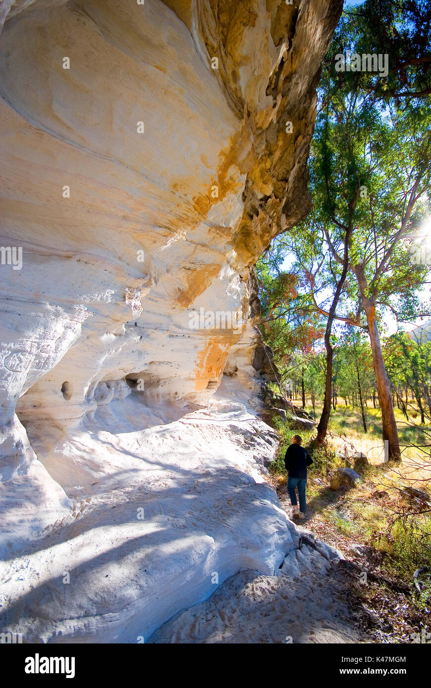 Mur de grès d'art autochtone avec pochoir main Mt Moffatt National Park Banque D'Images