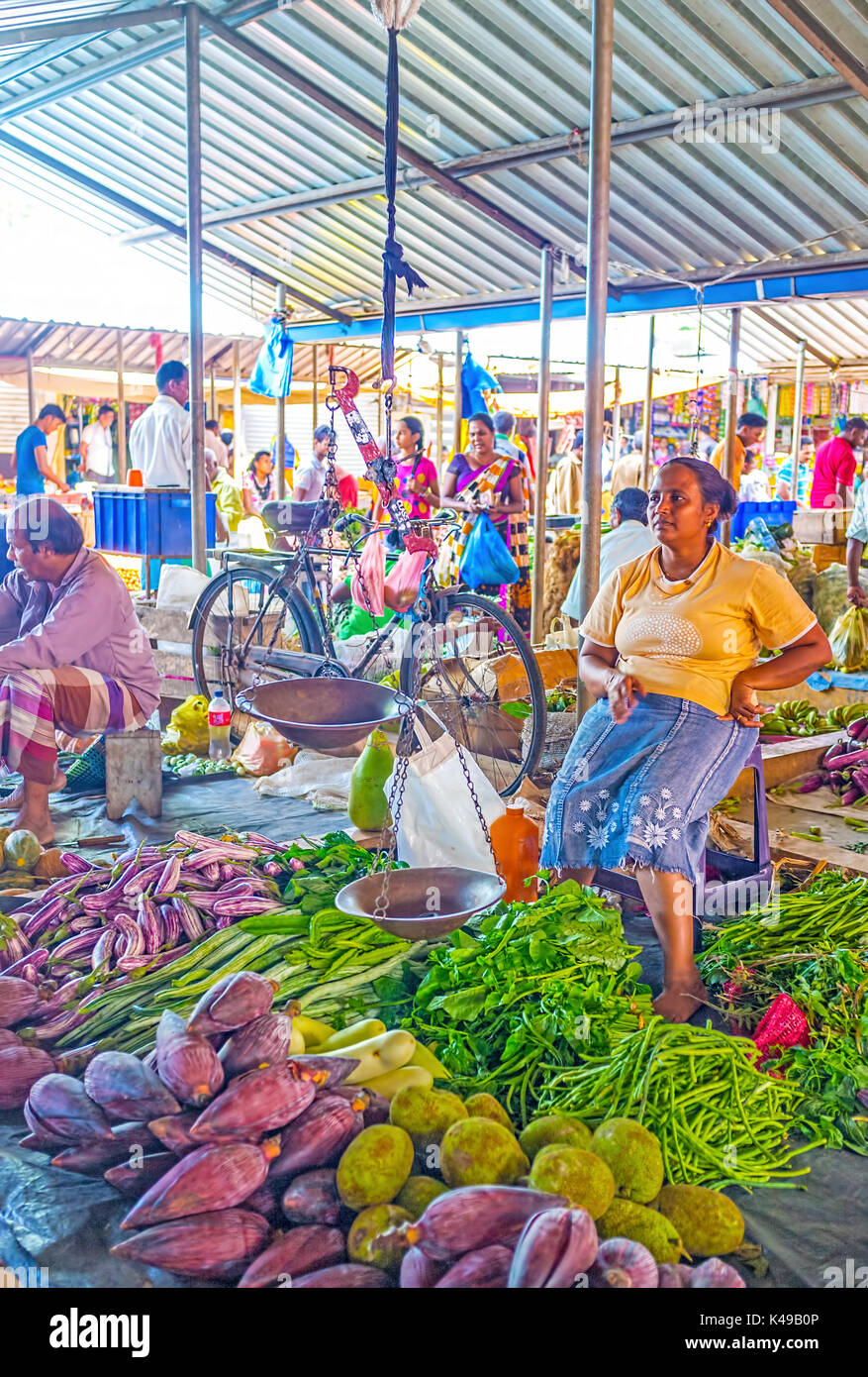 Wellawaya, Sri Lanka - 2 décembre 2016 : le marchand de légumes du marché se trouve entouré de marchandises destinées à la vente, tels que les fleurs de banane, jackfruits, oeuf Banque D'Images