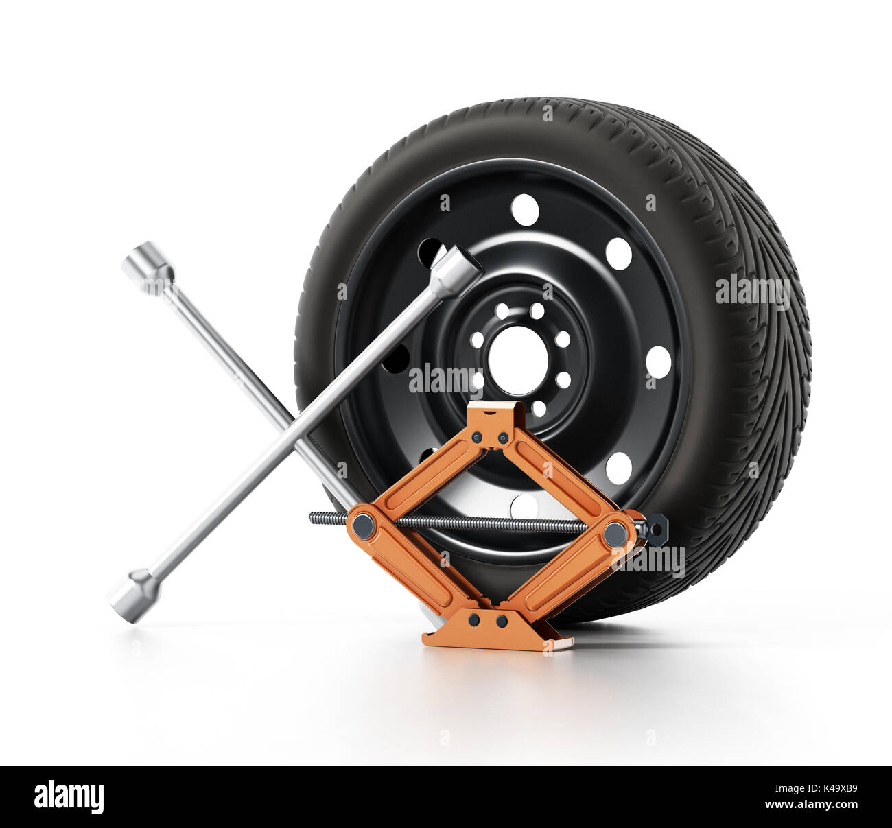La roue de secours, cric de voiture et clé de roue isolé sur fond blanc. 3D illustration. Banque D'Images