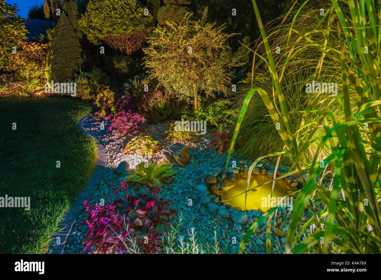 Jardin à l'arrière après la tombée de la nuit. Éclairage de jardin de rocaille. Banque D'Images