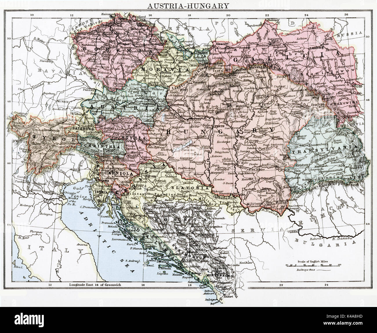 Carte antique, vers 1875, de l'Autriche - Hongrie Banque D'Images