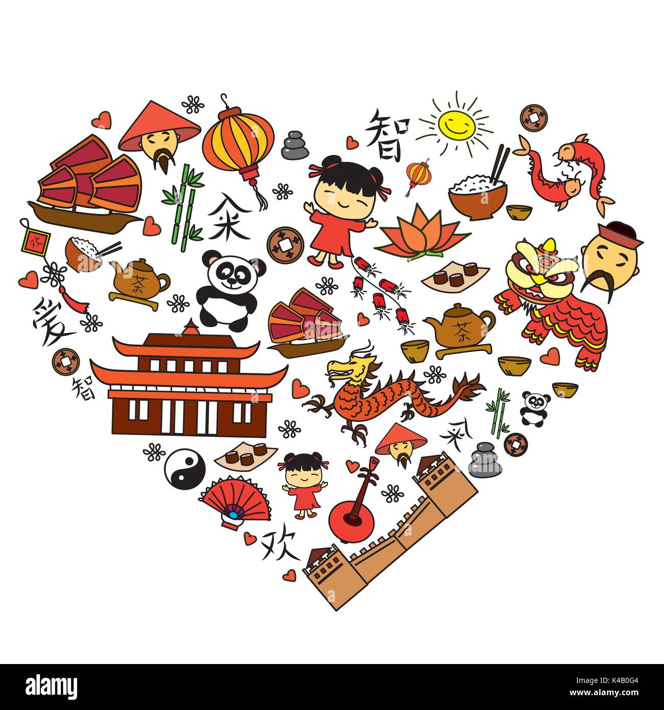 Dessin animé chinois jeu d'icônes en forme de coeur. Vector illustration Illustration de Vecteur