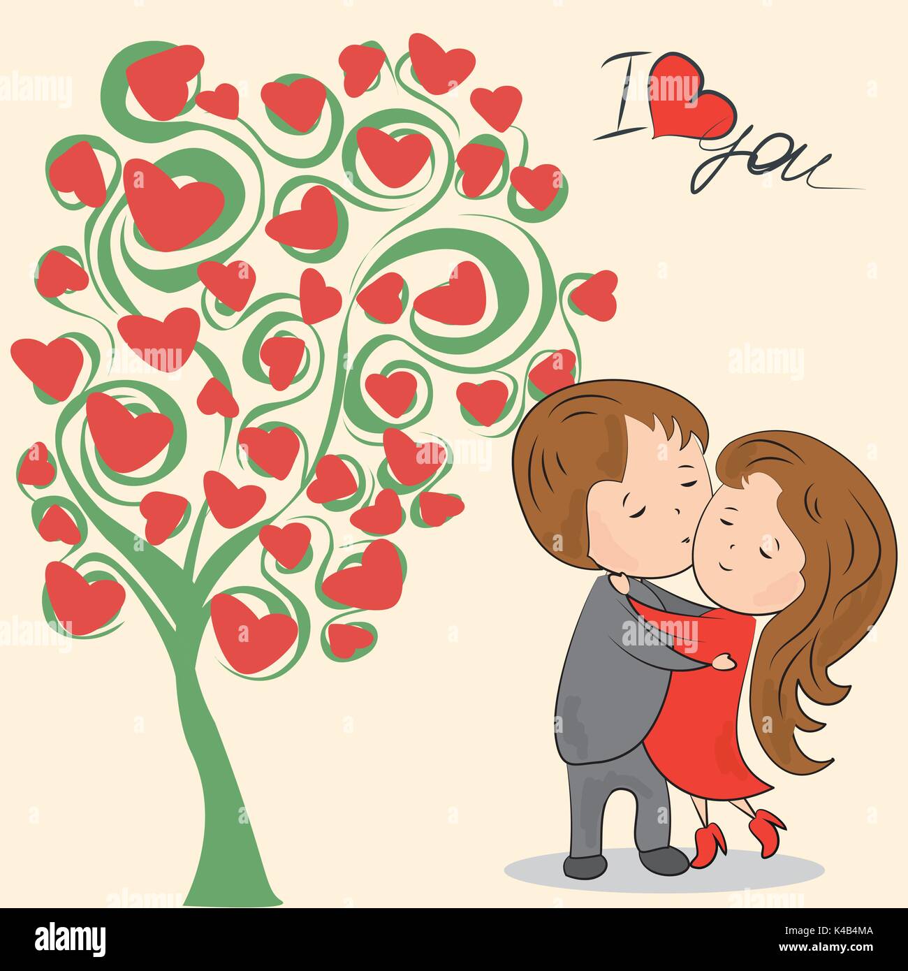 Carte de vœux, l'arbre de l'amour, l'inscription je t'aime, couple aimant et une place pour une inscription, vector illustration Illustration de Vecteur