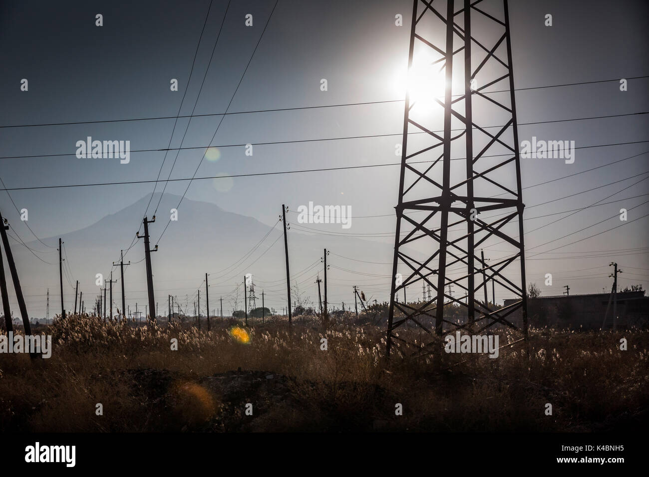 Paysage en face du Mont Ararat entre Erevan et le monastère de Kkor Virap, en Arménie. Banque D'Images