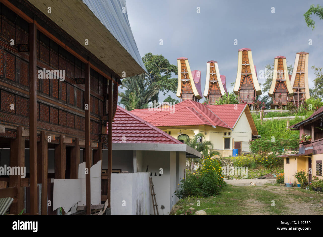 Maisons modernes avec 4 granges de riz indonésien quatre en arrière-plan, l'Alang, Tana Toraja, au sud de Sulawesi, Indonésie Banque D'Images