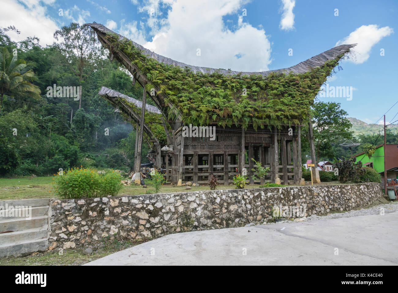Maison en bois indonésien avec toit à pignons, envahis par pkants, ciel bleu avec des nuages blancs Banque D'Images
