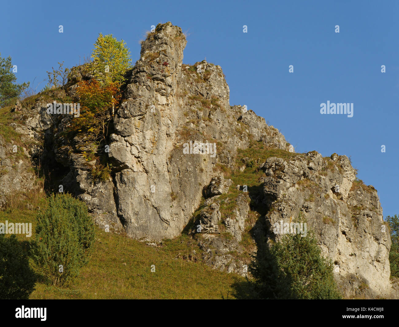 Paysage avec des roches dans Kleinziegenfeld, vallée de l'Alb franconien, la Suisse franconienne, Haute-Franconie Banque D'Images