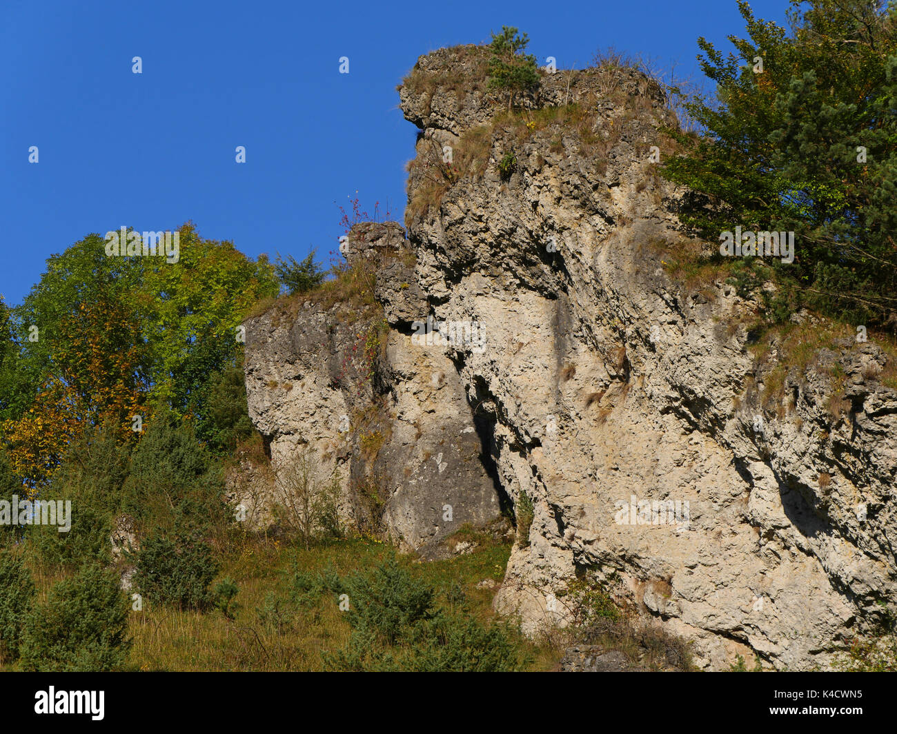 Paysage avec des roches dans Kleinziegenfeld, vallée de l'Alb franconien, la Suisse franconienne, Haute-Franconie Banque D'Images
