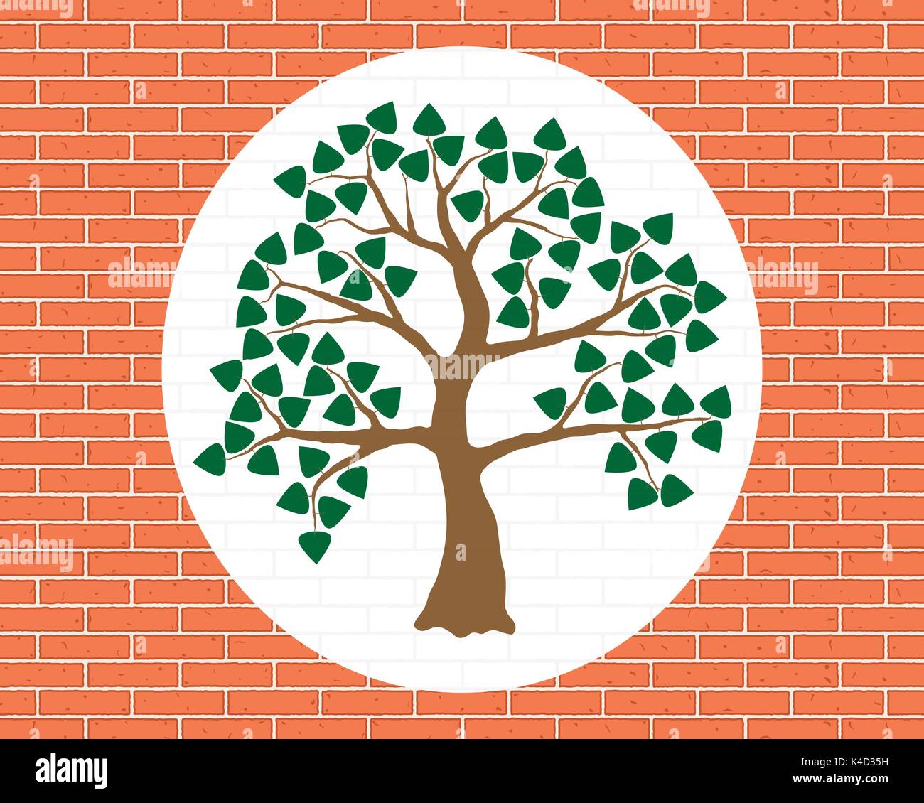 Illustration de l'arbre sur l'orange-mur de briques. Brown, arbre à feuillage vert mur pour décoration. Illustration de Vecteur