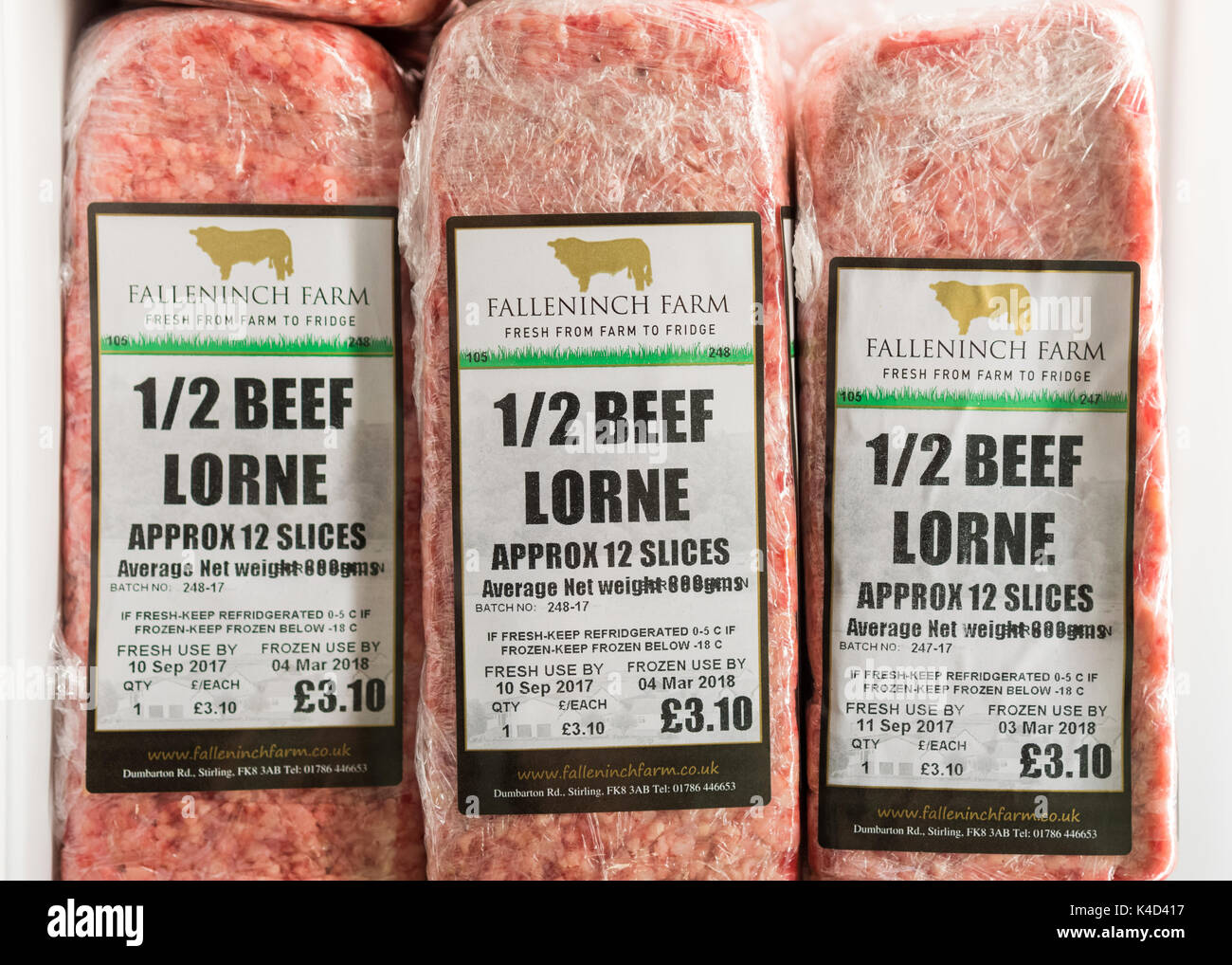 Lorne - boeuf écossais traditionnel saucisses carrés de Falleninch ferme, Stirling, Scotland, UK Banque D'Images
