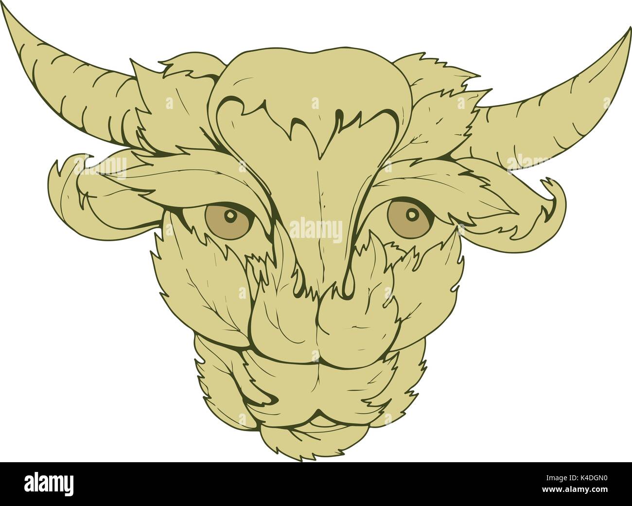 Croquis dessin illustration style de vache vert ou bull avec la tête entourée de feuilles ou faits de vue de l'avant. Illustration de Vecteur