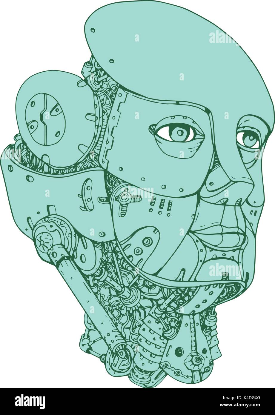 Illustration de ligne mono android Robot humanoïde femelle type tête vue de l'avant ensemble sur des arrière-plan. Illustration de Vecteur