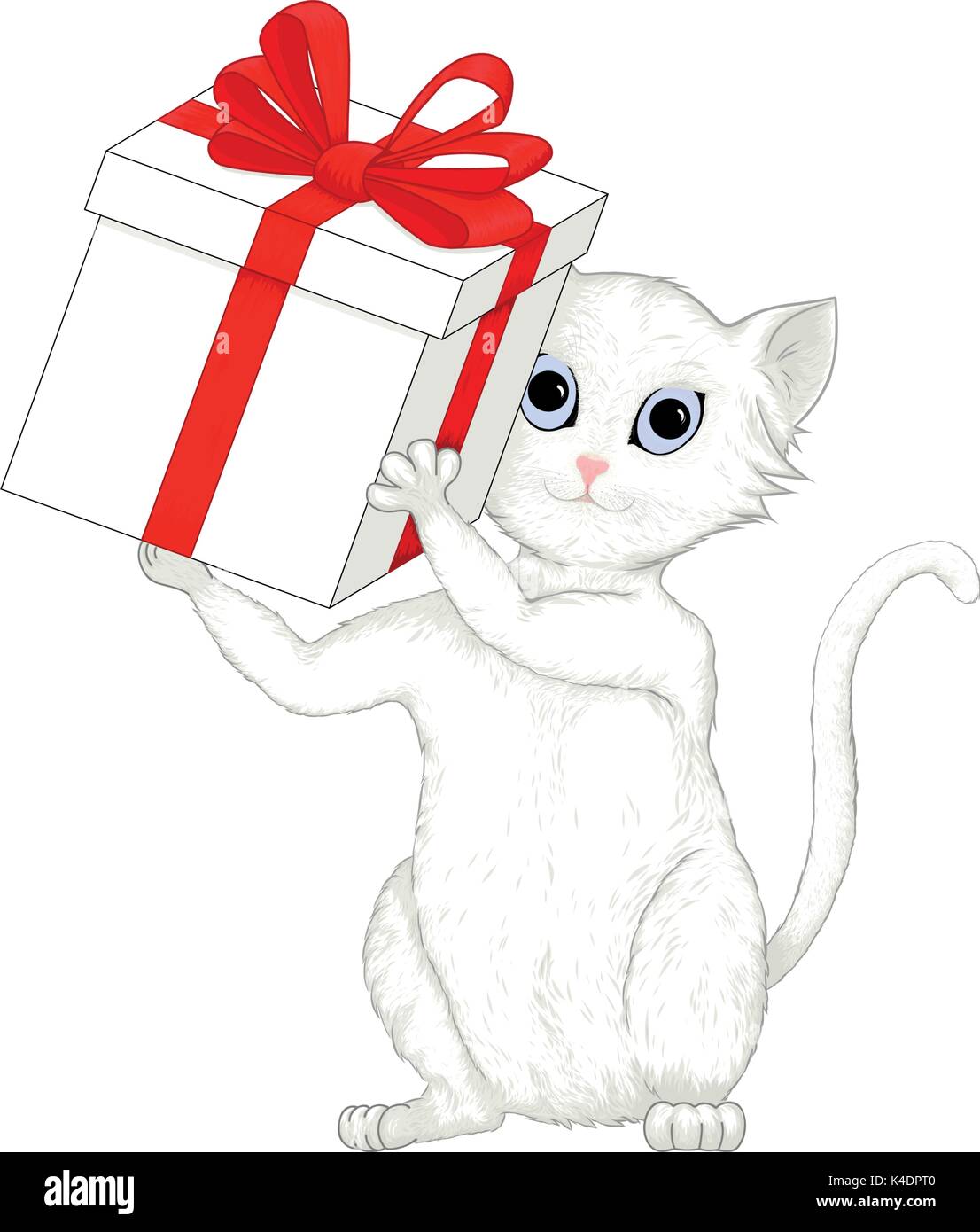 Hand drawn vector illustration d'un mignon petit chat assis gris et blanc tenant une grande boîte-cadeau avec ruban rouge dans ses pattes Illustration de Vecteur