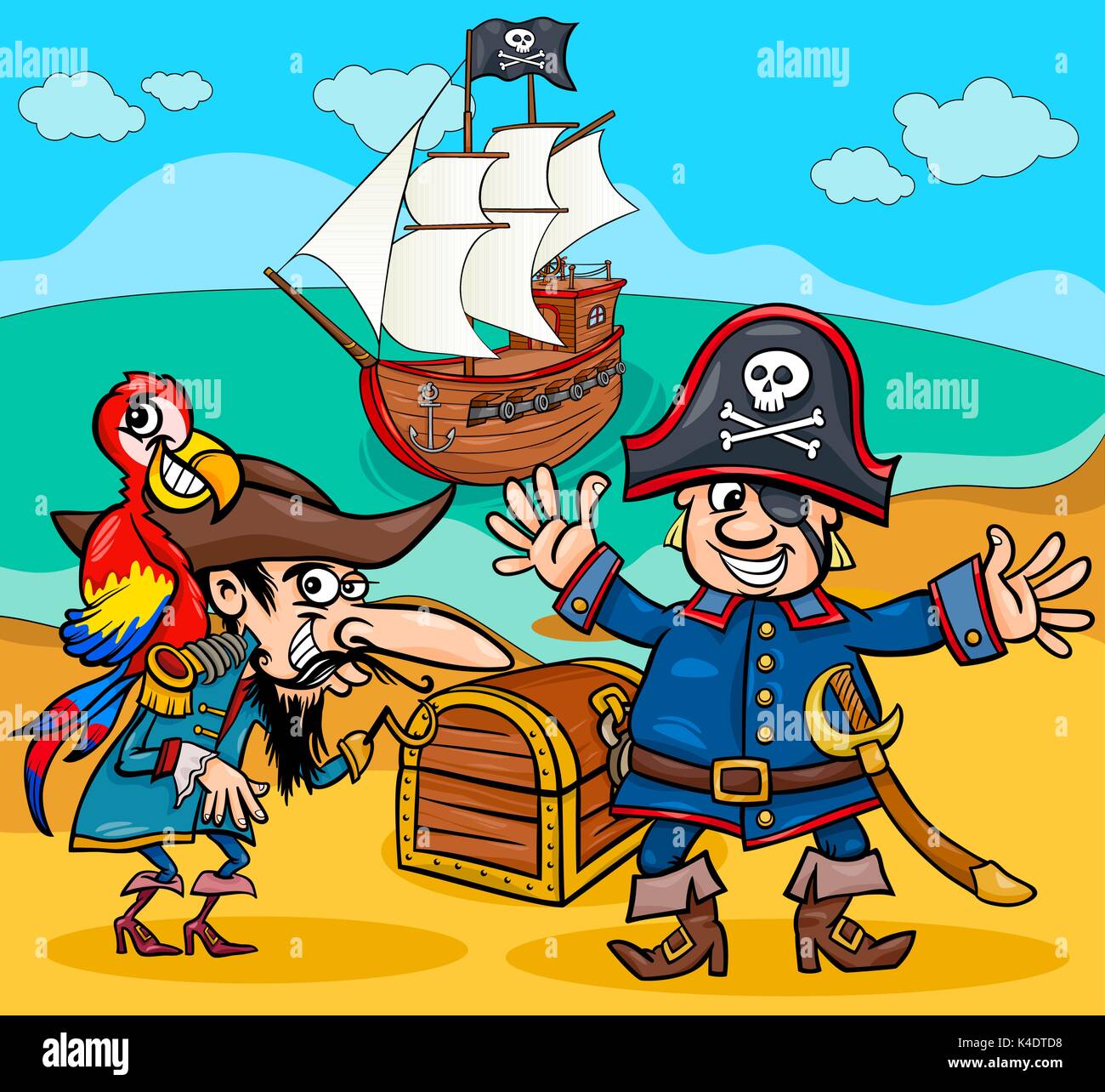 Illustrations de personnages de dessin animé Pirate avec bateau sur l