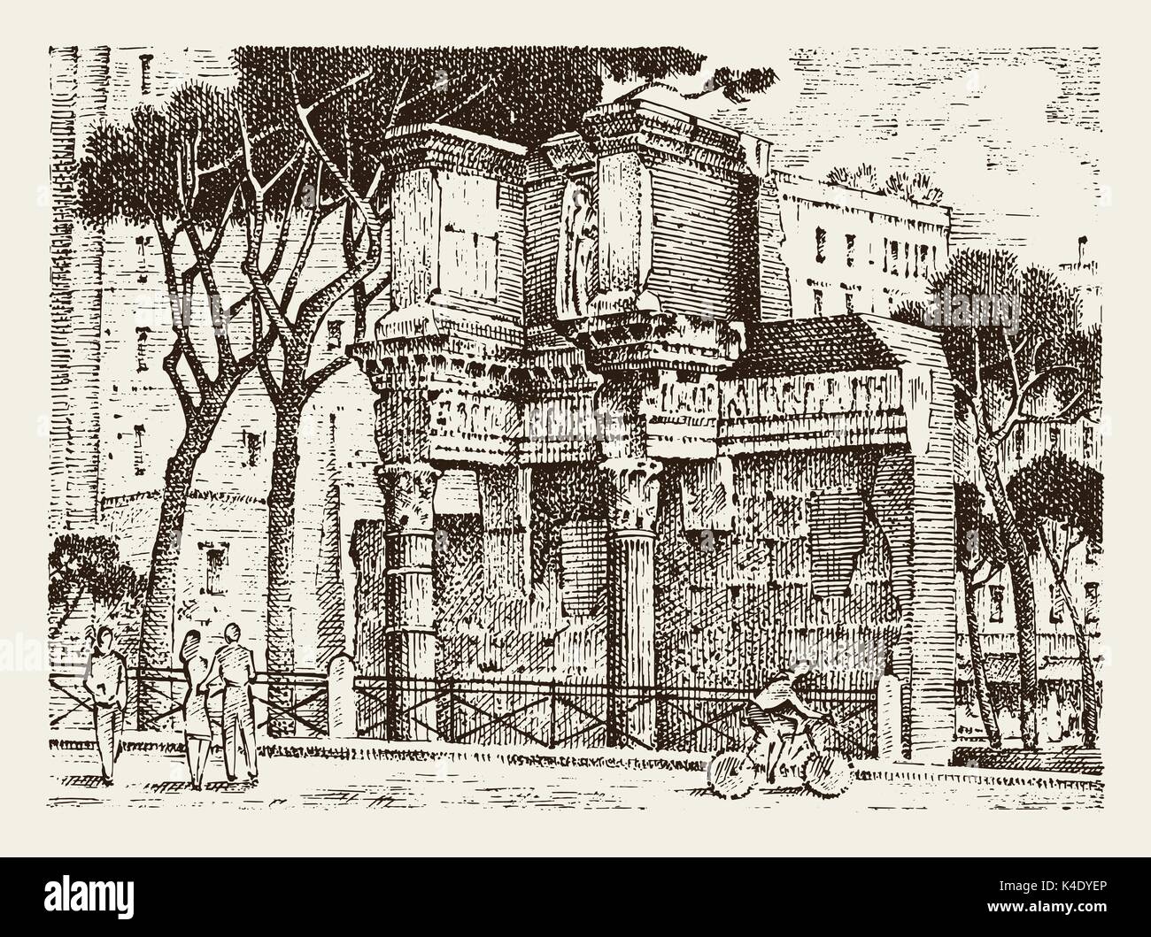 Paysage de ville Européenne Rome en Italie . gravés à la main dans de vieux croquis et de l'esprit vintage. architecture historique avec des bâtiments, en perspective. Ruines de péristyle au Temple de Minerve. Illustration de Vecteur