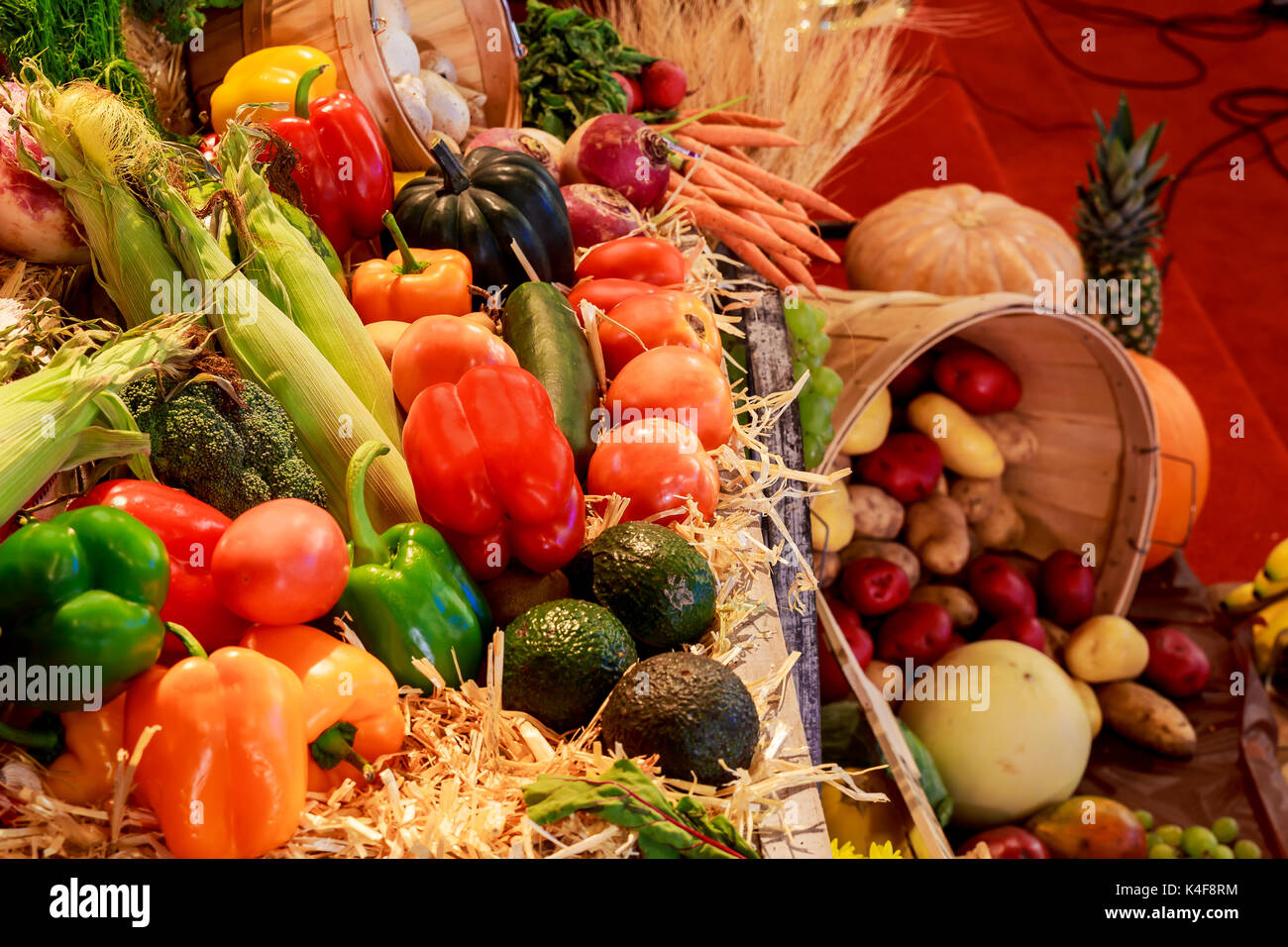 Chasse d'automne. Poires, prunes, pommes, raisins et feuilles jaunes sur la table en bois de nombreuses sortes de citrouilles, courges et gourdes, en vertu de Banque D'Images