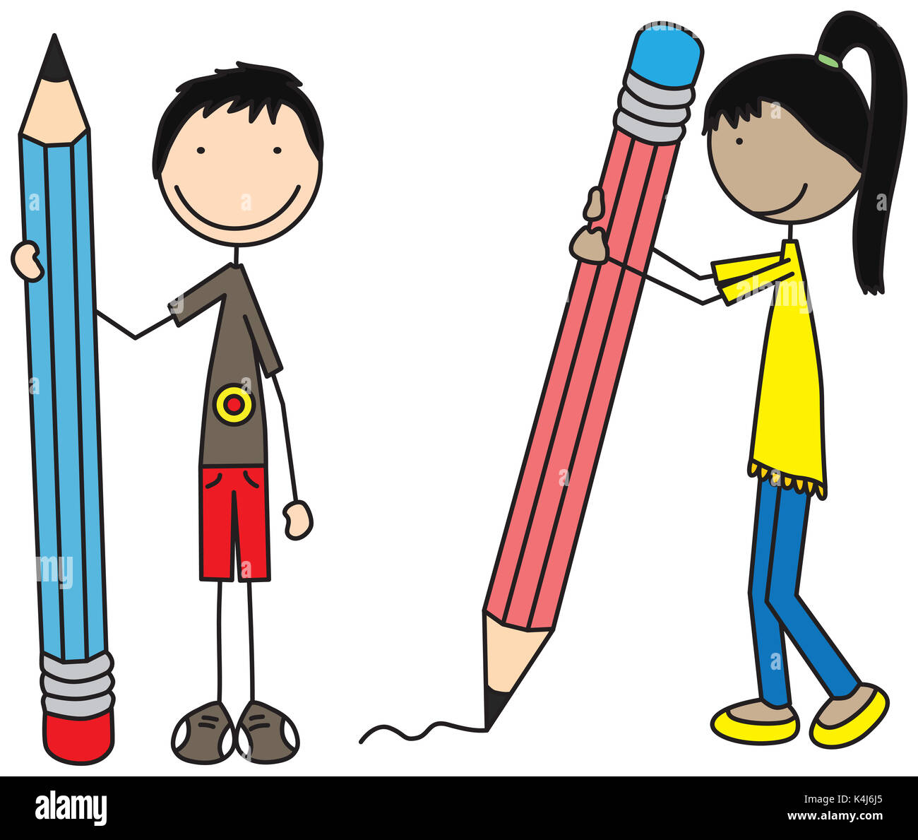 Cartoon illustration d'une fille et un garçon holding big pencils Banque D'Images