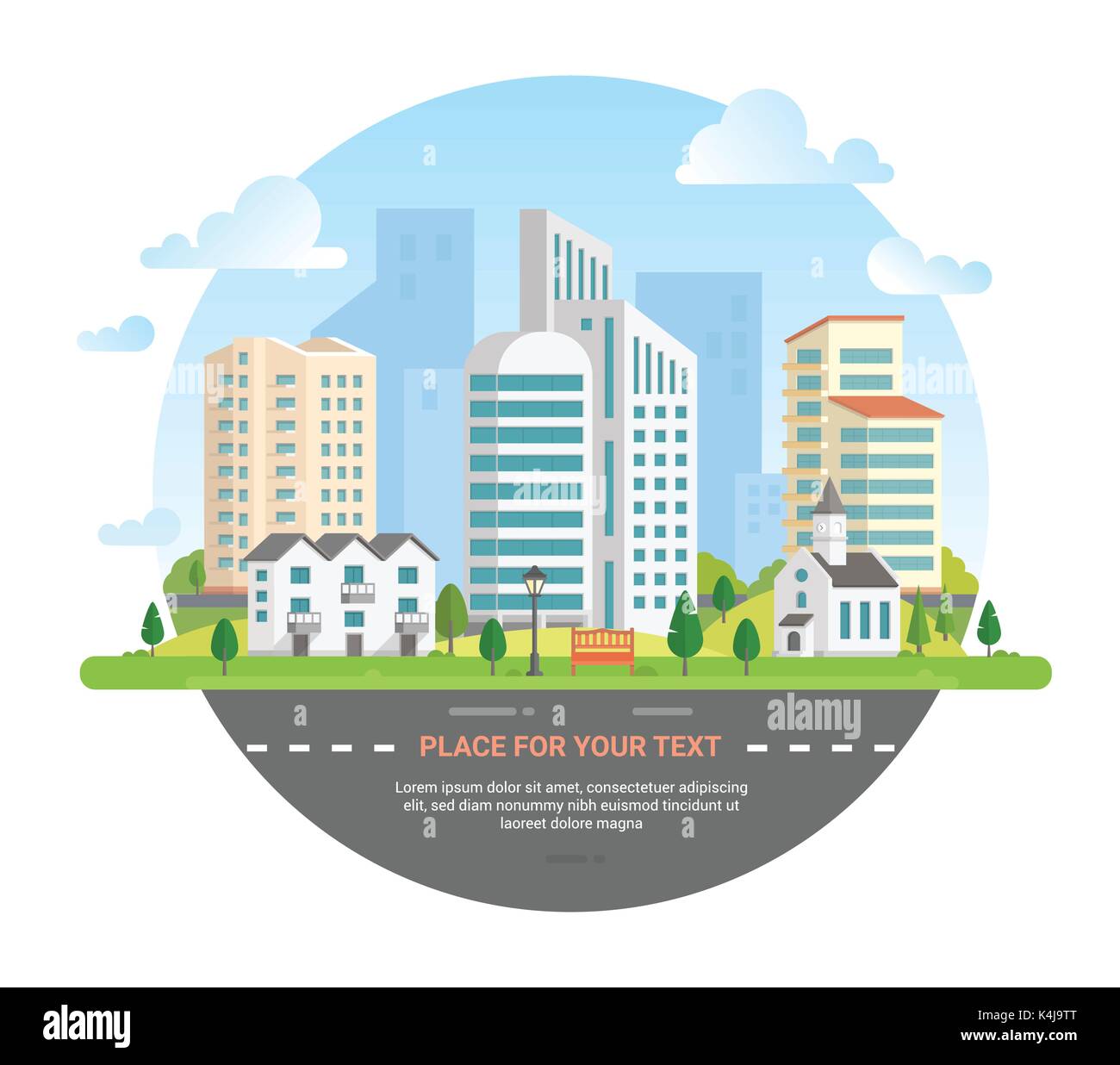 Vue urbaine avec une place pour texte - illustration vectorielle moderne dans un cadre rond. Jolie ville avec une route, voiture, église, lanterne, banc, petit Illustration de Vecteur