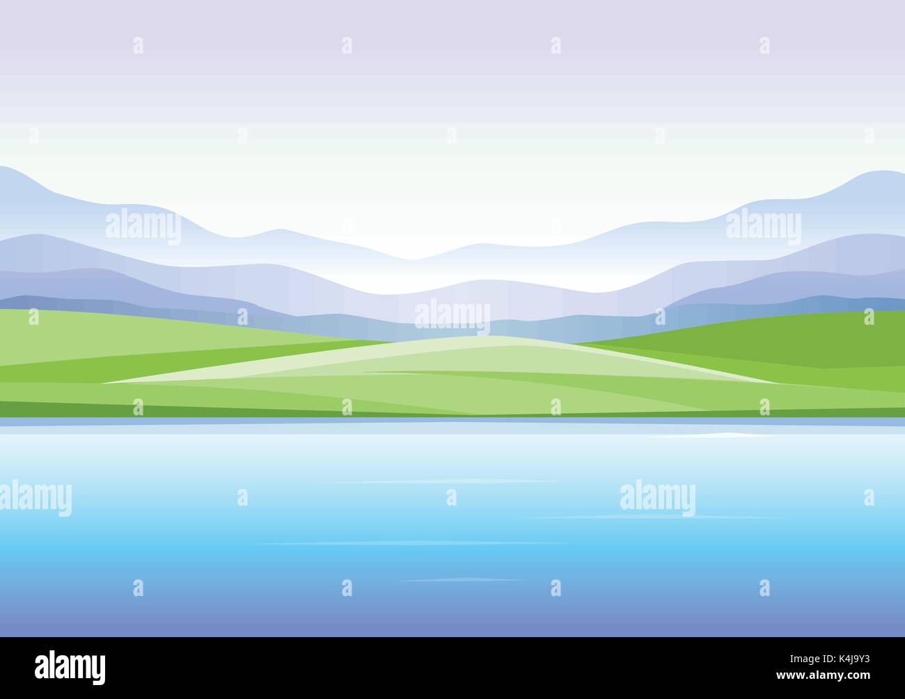 Paysage abstrait avec lac et montagne - vector illustration moderne. Belle vue panoramique avec vue sur le lac ou rivière, brouillard, collines, l'herbe verte, champ, Illustration de Vecteur