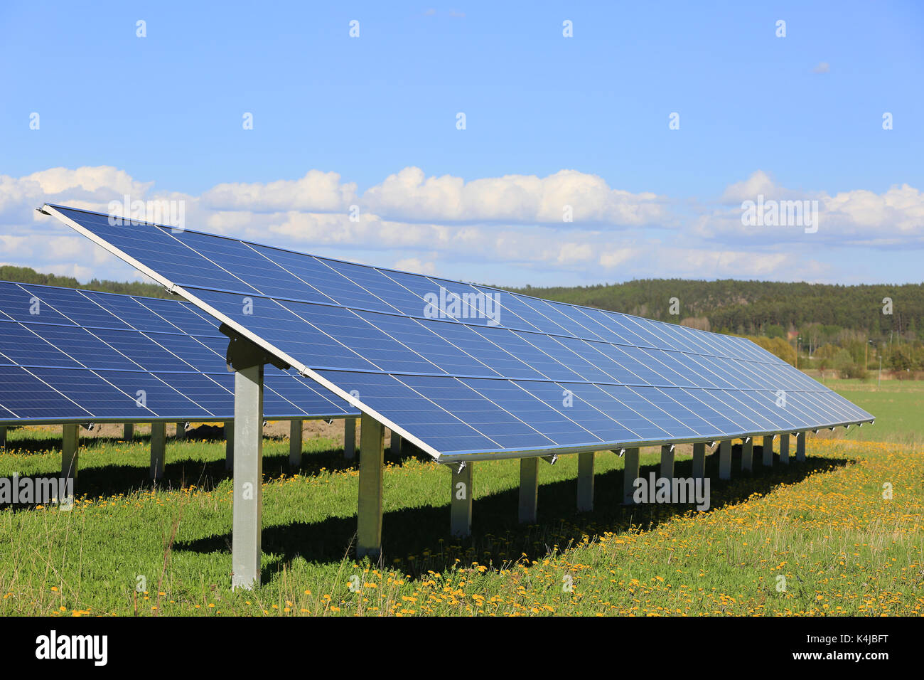 Des panneaux solaires sur un champ d'herbe et de fleurs, un jour ensoleillé de printemps avec ciel bleu et nuages. Banque D'Images