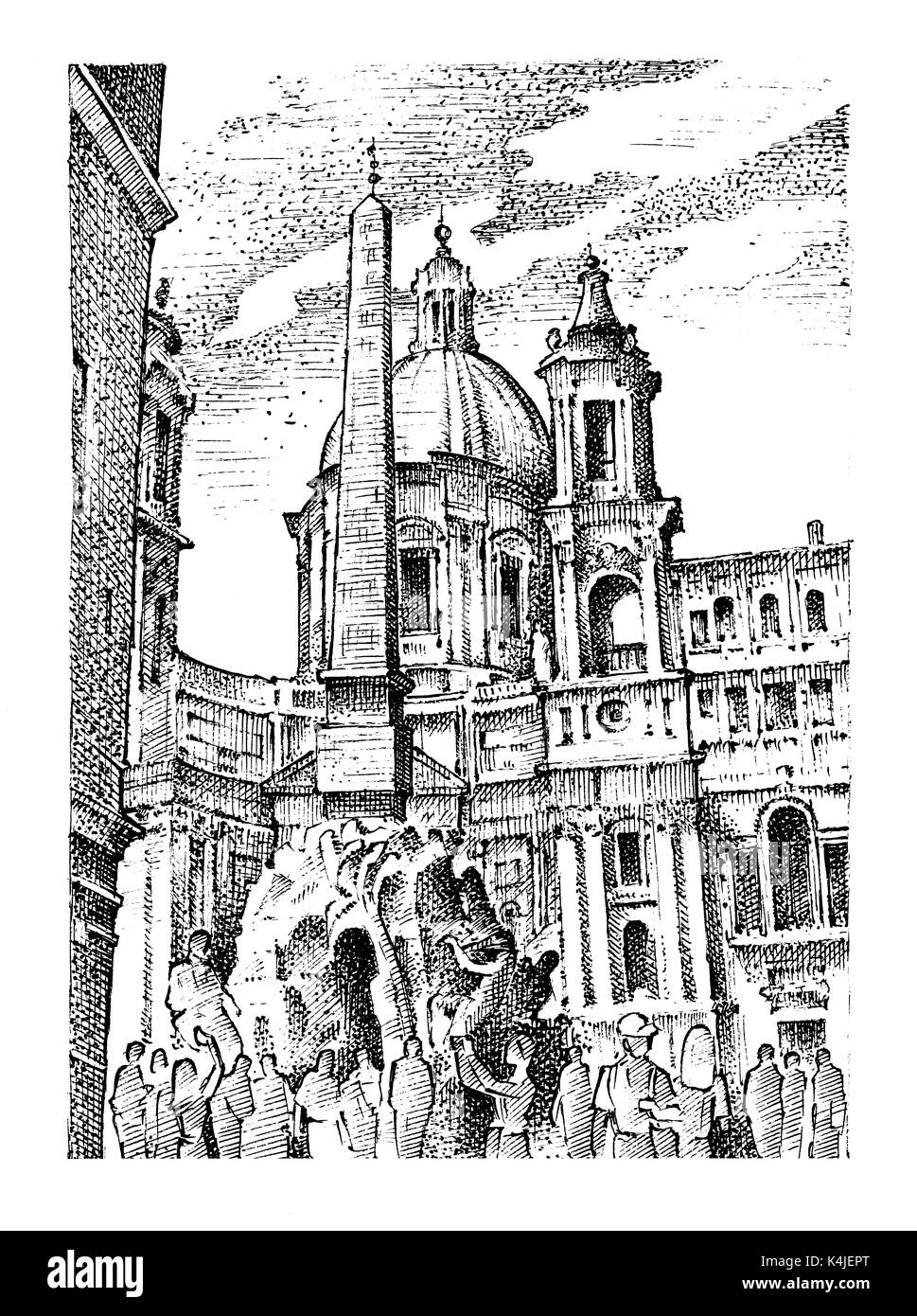 Paysage de ville européenne Rome en Italie . gravés à la main dans de vieux croquis et de l'esprit vintage. architecture historique avec des bâtiments, perspective vi Banque D'Images