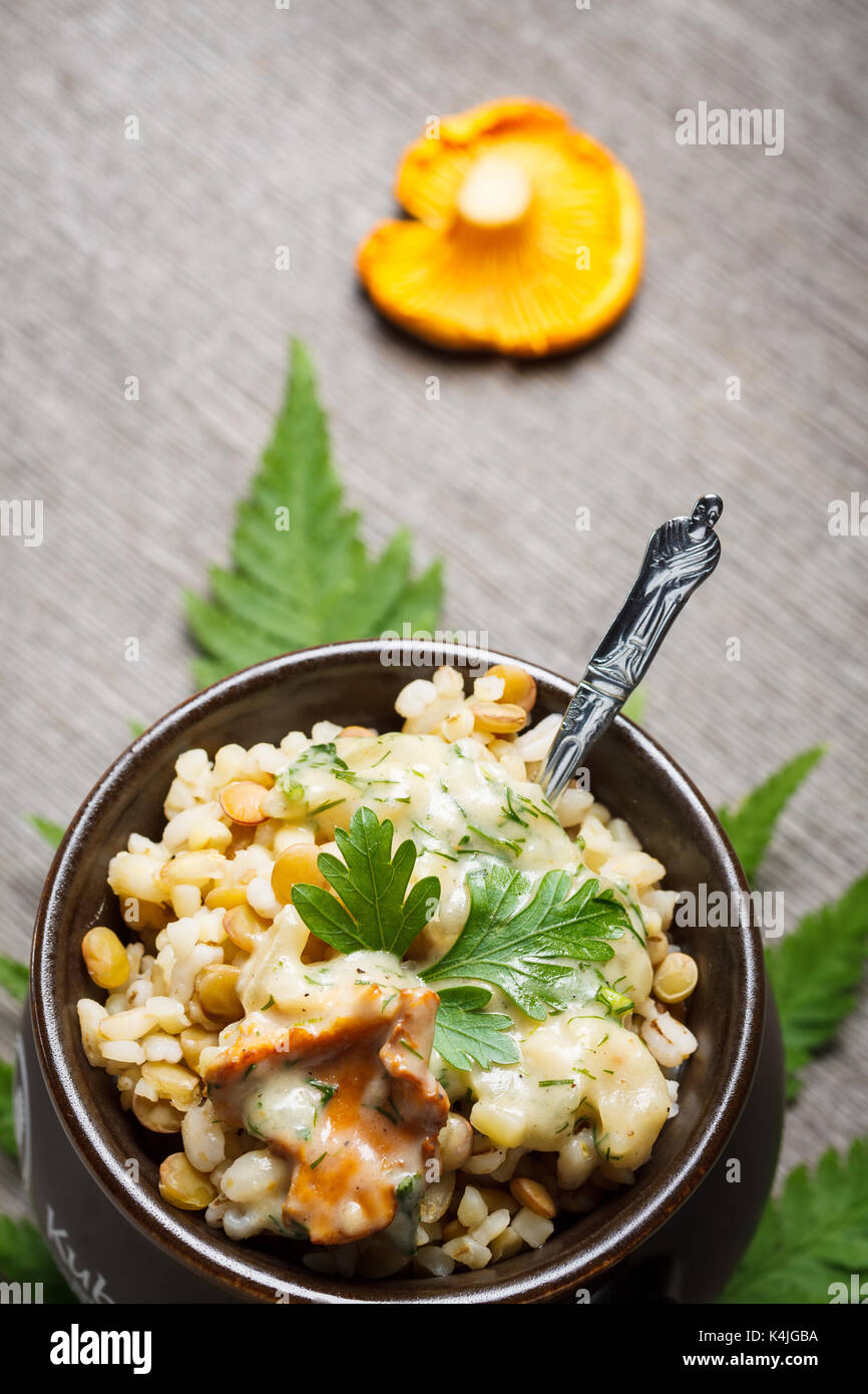 Jaune avec gruau sauce crème de champignons. Banque D'Images