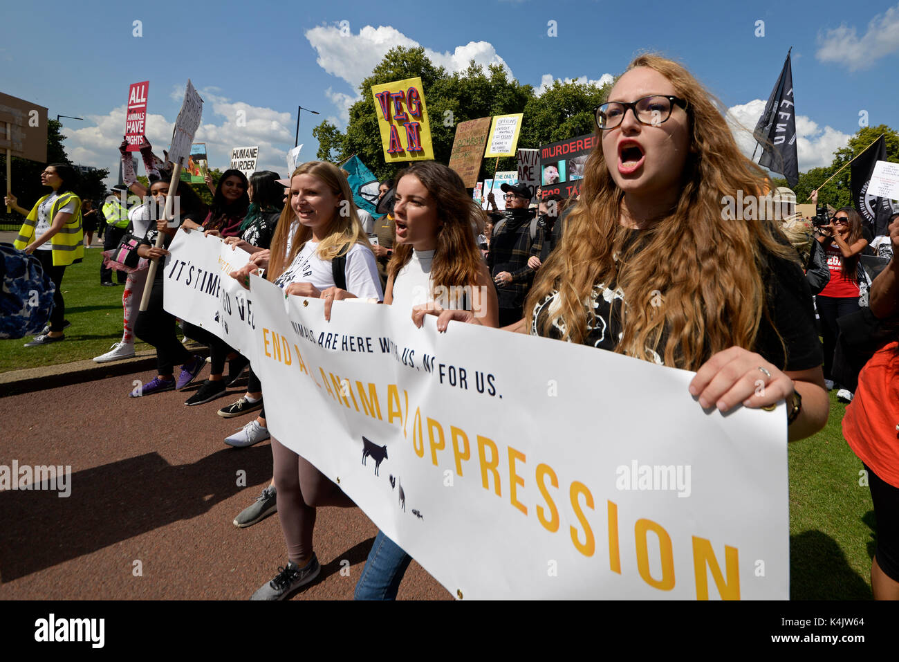 Les défenseurs des droits des animaux à une marche de protestation pour promouvoir le mode de vie végétalien. Hyde Park, Londres. Des femmes en colère Banque D'Images