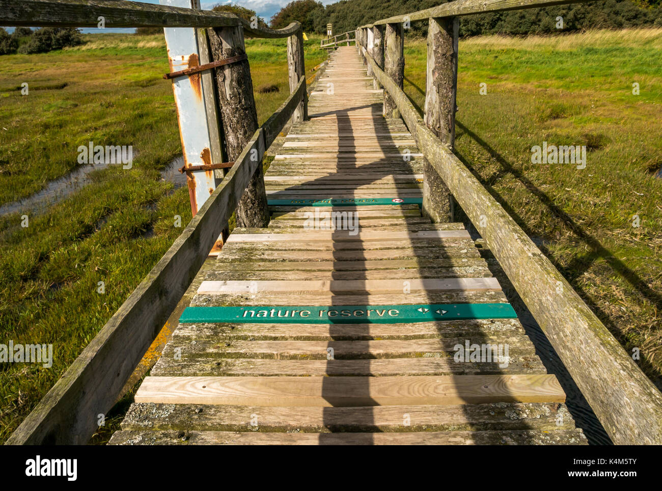 Une passerelle en bois au-dessus des vasières à marée haute à Aberlady Bay réserve naturelle locale, de la côte d'East Lothian, Scotland, UK Banque D'Images