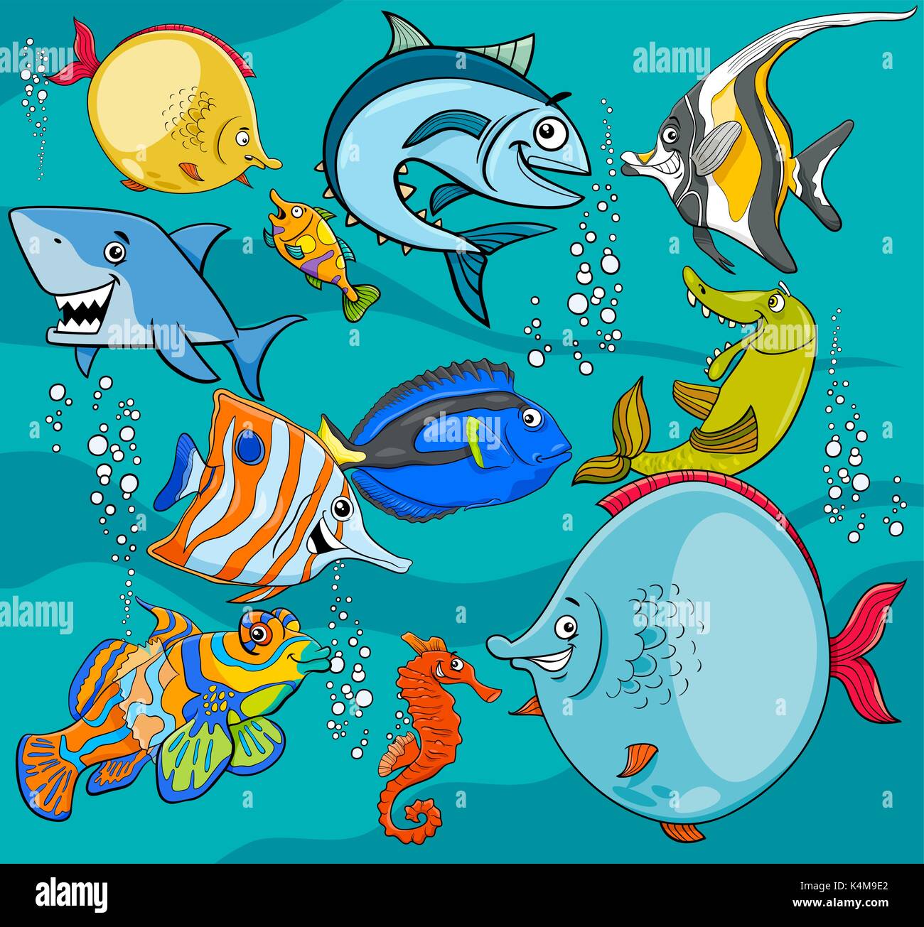 Illustrations de Funny Cartoon mer Poisson Animal Vie Groupe Caractères Illustration de Vecteur