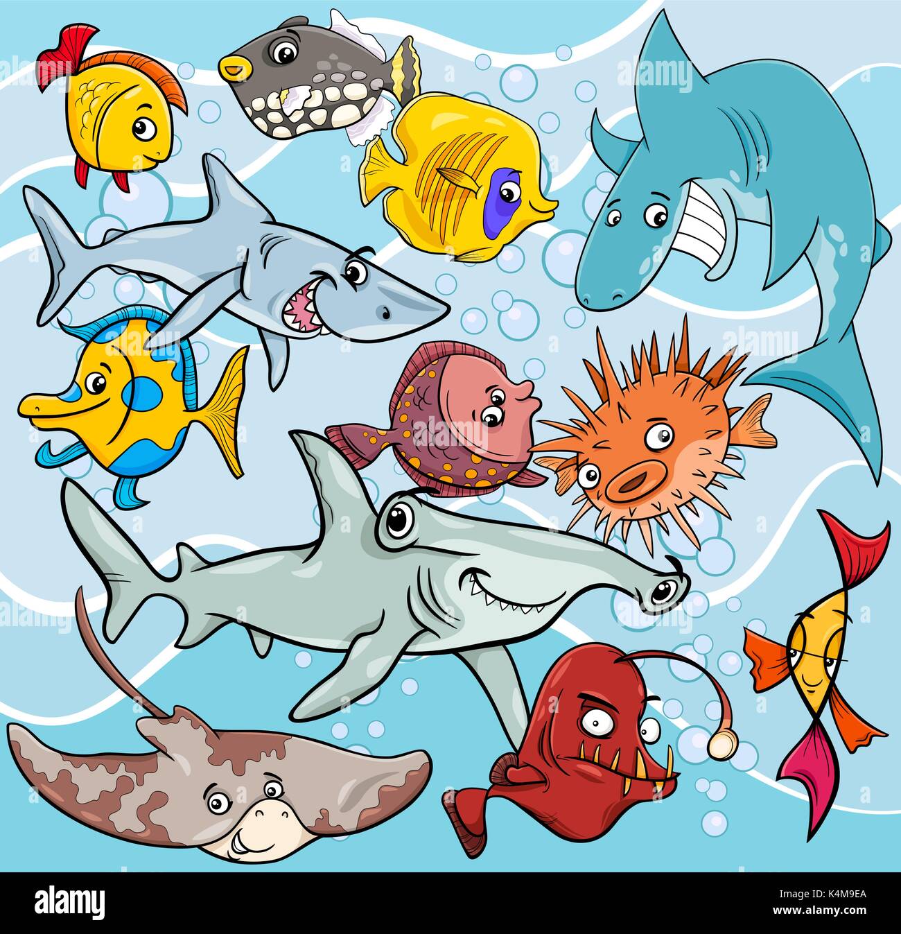 Cartoon Illustrations de poissons de la mer Groupe Caractères Animaux Illustration de Vecteur