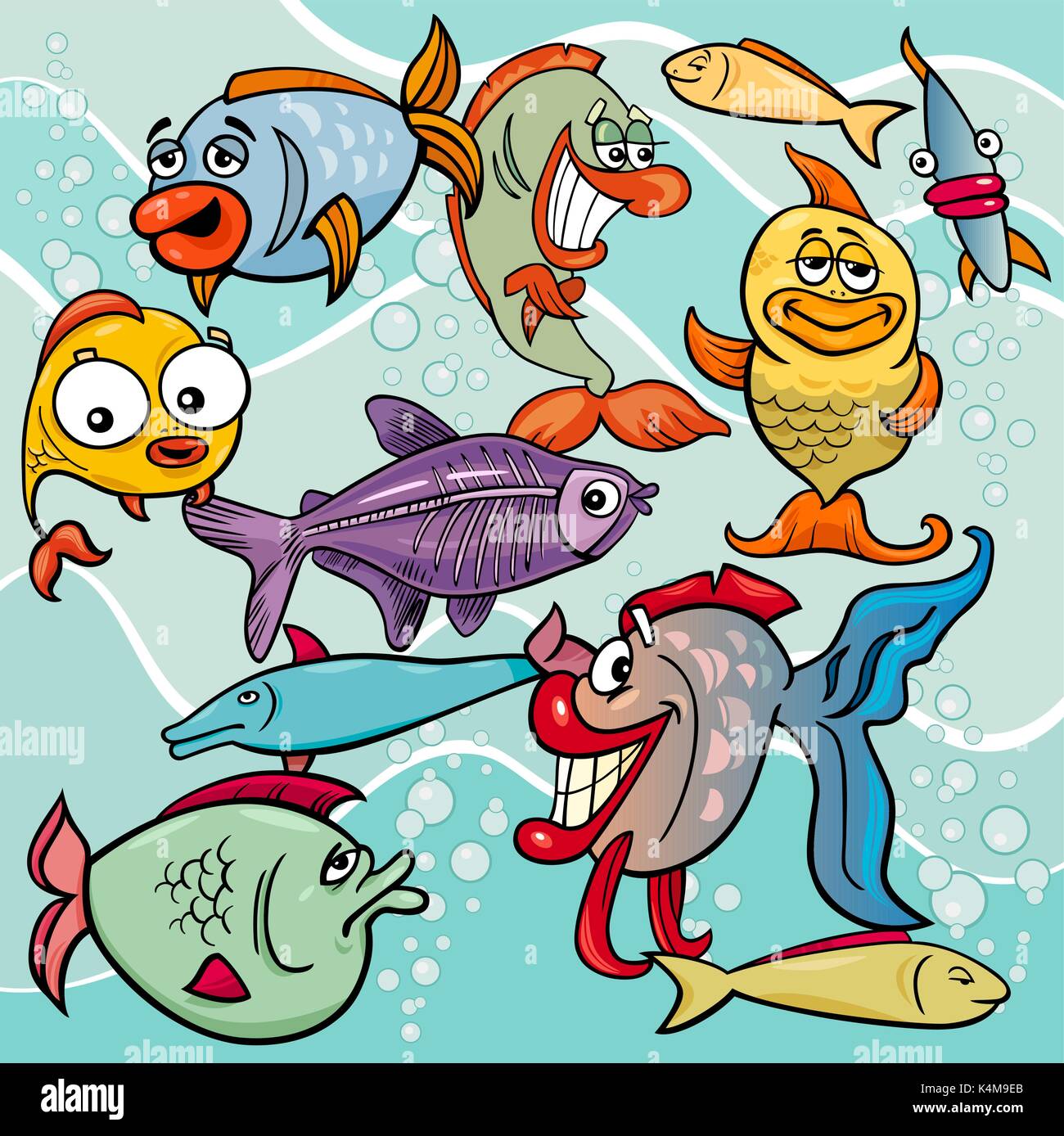 Cartoon Illustrations de la bande dessinée la vie de mer Poisson Groupe Caractères Animaux Illustration de Vecteur