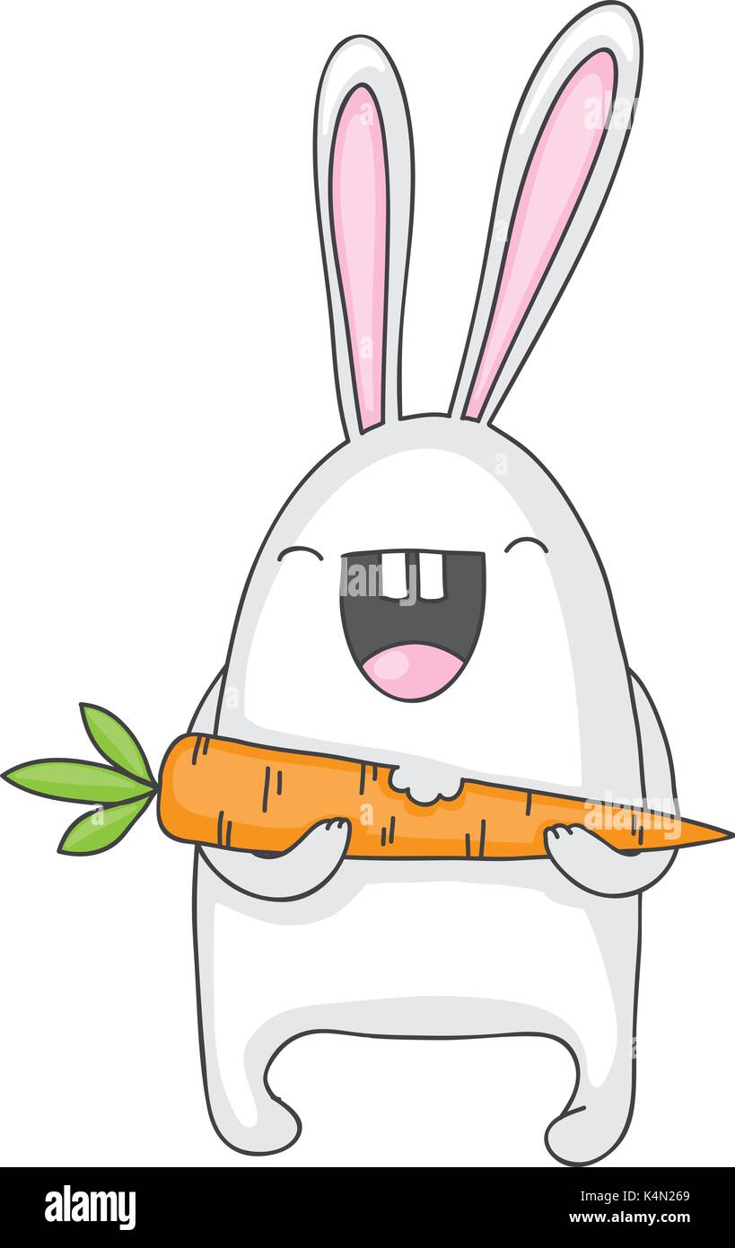 Mignon et heureux à la caricature ou lapin lapin tenant un mordu de carottes. Dessin simple, conçu pour les enfants. Illustration de Vecteur