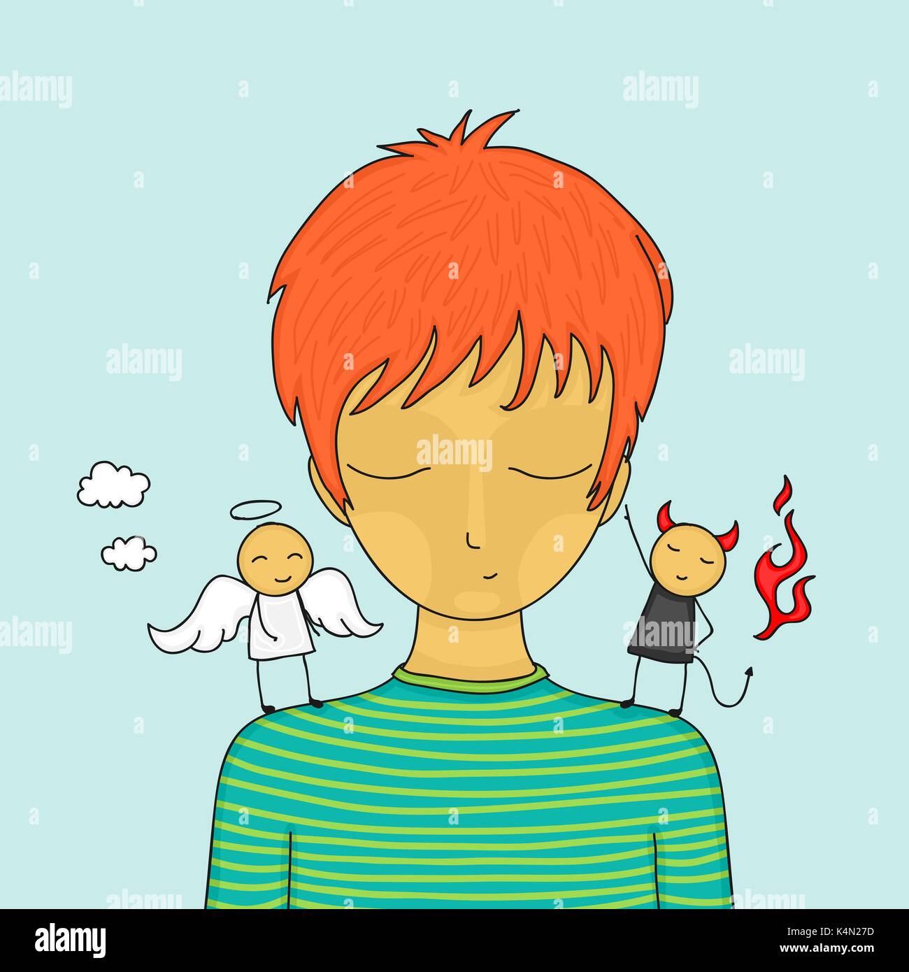 Cartoon boy de doute avec petit ange et diable sur ses épaules essayant d'influer sur lui. Illustration de Vecteur