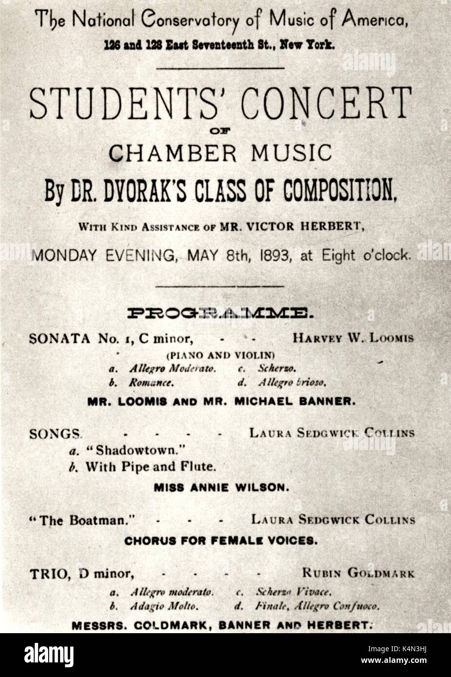 DVORAK. Programme de concert donné par les élèves de Dvorak compositeur tchèque (1841-1904). Du Conservatoire National de Musique d'Amérique. 1893. Banque D'Images