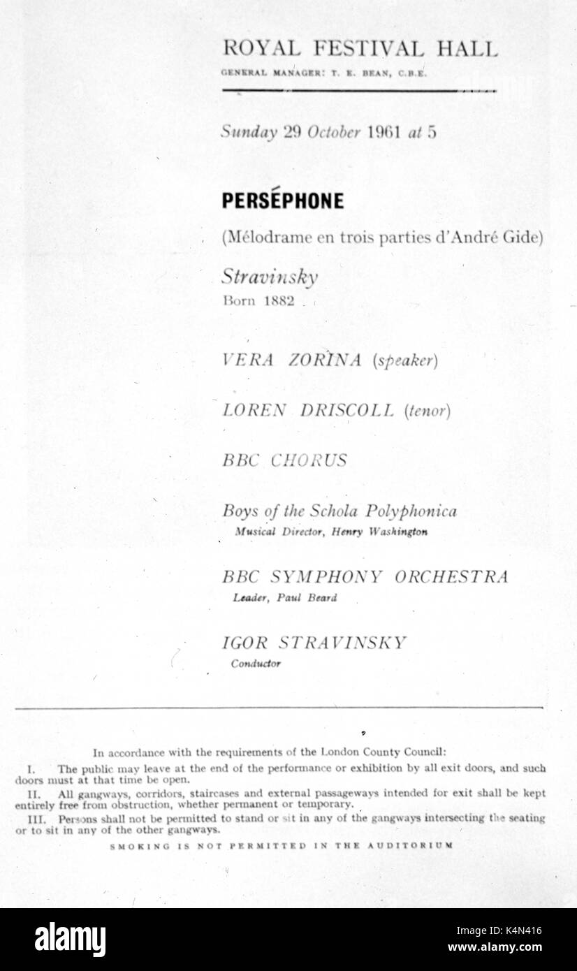 Igor StravinskyS - PERSÉPHONE pour la production de programme au Royal Festival Hall, 1961. Menée par Stravinsky. avec Vera ZORINA et Loren DRISCOLL (ténor) compositeur russe : 17 juin 1882 - 6 avril 1971. Banque D'Images