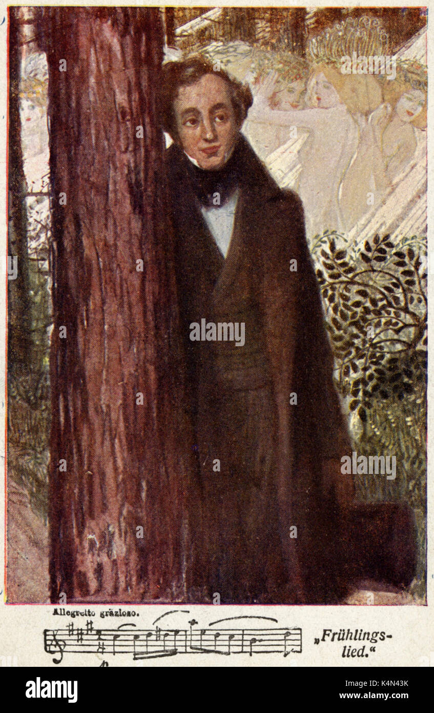 Robert Schumann leaning against tree score du 'Fruhlingslied» sous Photo. Compositeur allemand, 1810-1856 Banque D'Images