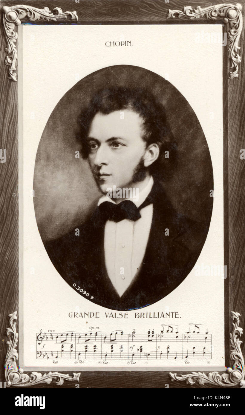 Frédéric Chopin, portrait avec score de sa 'grande valse brillante". Le compositeur polonais (1810-1849). Banque D'Images