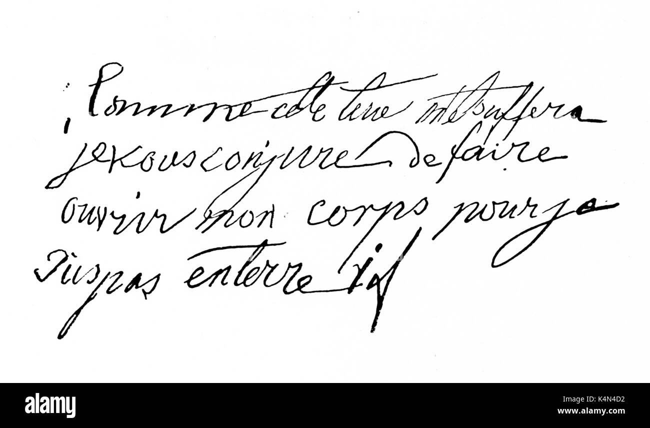 Frédéric Chopin. Le compositeur polonais (1810-1849) Chopin's last mots manuscrits anciennes pour s'assurer qu'il ne sera pas enterré vivant. Banque D'Images