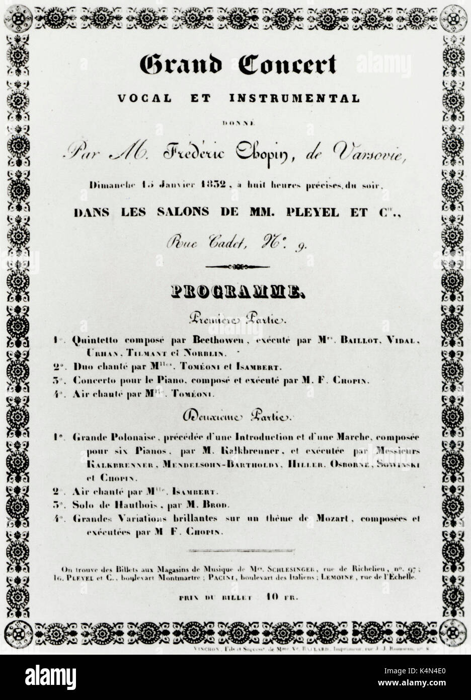 CHOPIN, Frédéric (compositeur polonais 1810 - 1849) - Premier programme d'exécution à Paris, le 15 janvier 1832 jouer à Pleyel de coiffure. Banque D'Images