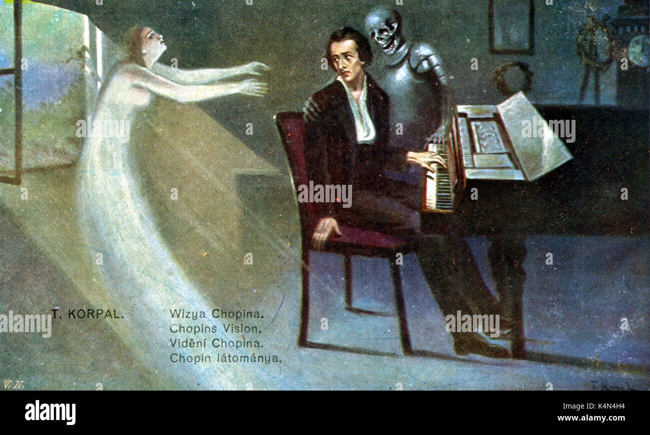 Frédéric Chopin's vision - juste avant sa mort. Le compositeur est au piano, à la recherche à un ange. Illustration par T. Korpal. Le compositeur polonais, 1810-1849. Banque D'Images