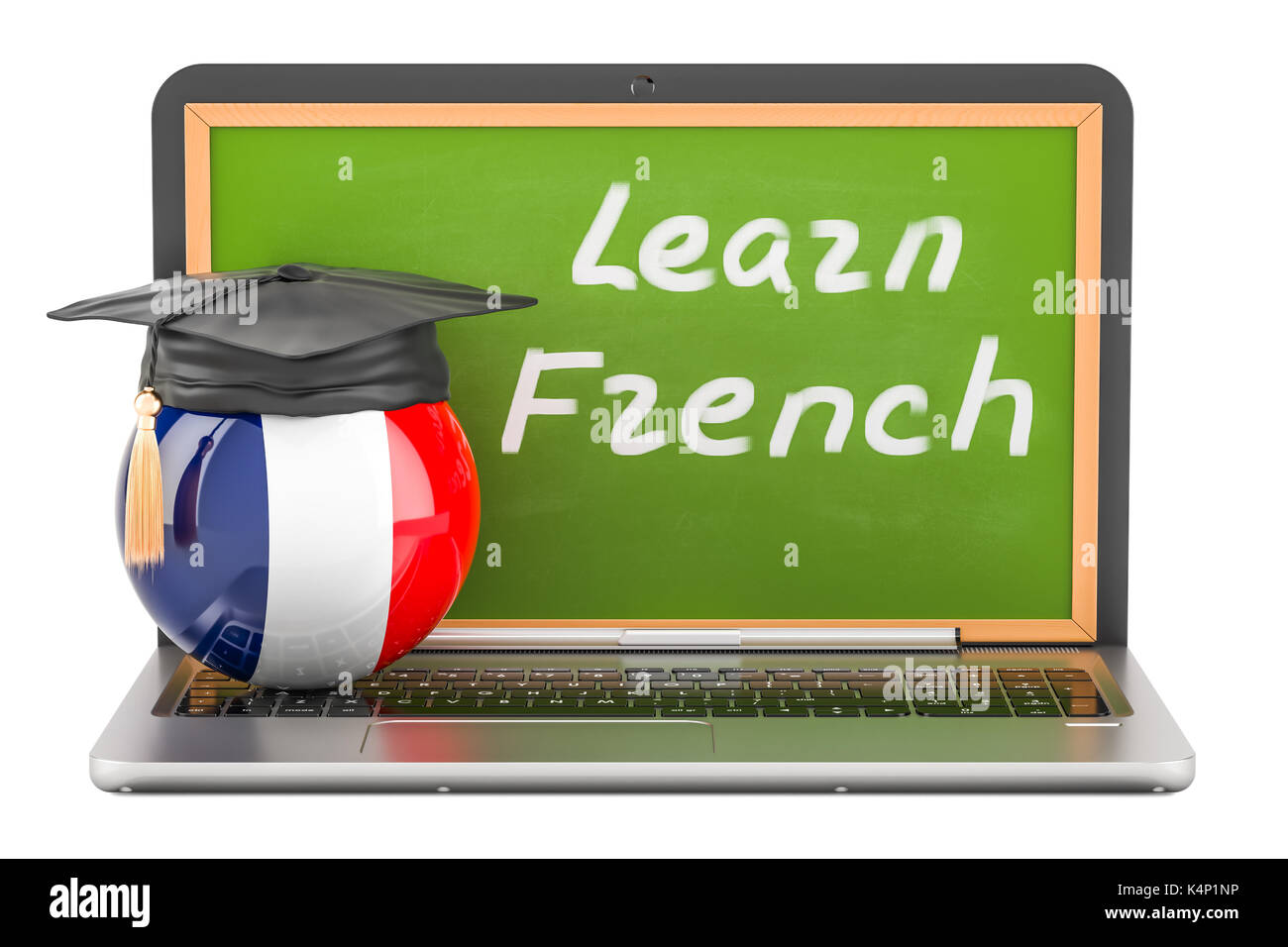 Apprendre le français avec tableau noir pour ordinateur portable concept et graduation cap, 3D Rendering Banque D'Images