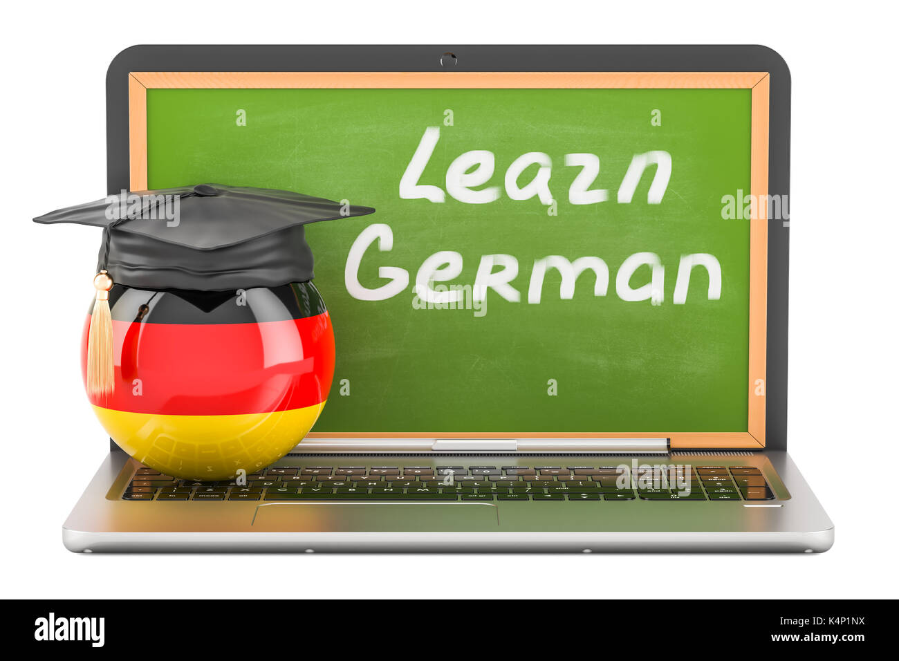 Apprendre l'allemand concept avec tableau noir pour ordinateur portable et de graduation cap, rendu 3D Banque D'Images