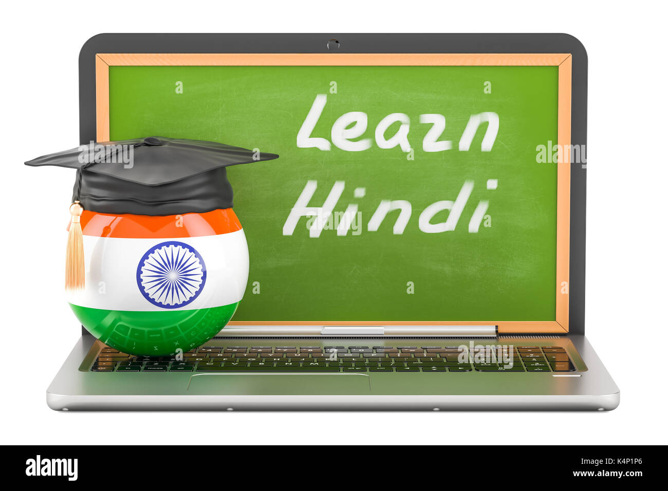 Apprendre l'hindi concept avec tableau noir pour ordinateur portable et de graduation cap, rendu 3D Banque D'Images