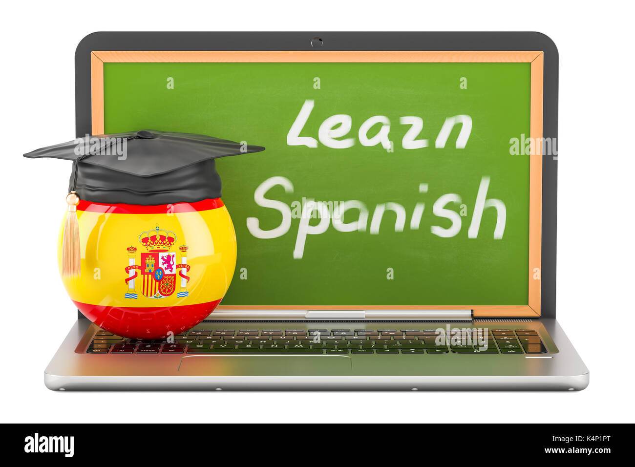 Apprendre l'espagnol concept avec tableau noir pour ordinateur portable et de graduation cap, rendu 3D Banque D'Images
