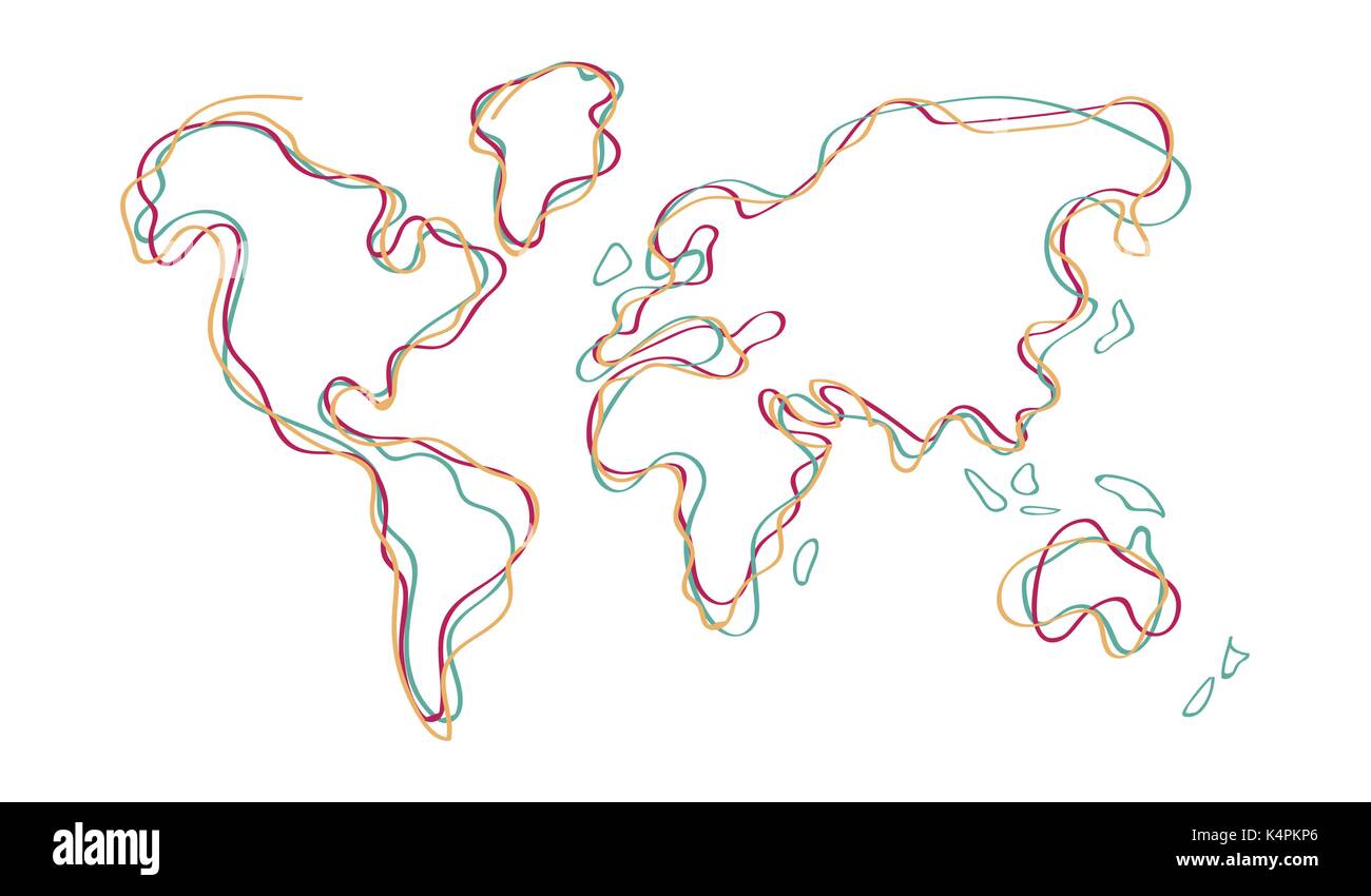 Carte du monde abstrait coloré avec illustration silhouette continent contours dessinés à la main, en style stylo doodle. Vecteur EPS10. Illustration de Vecteur