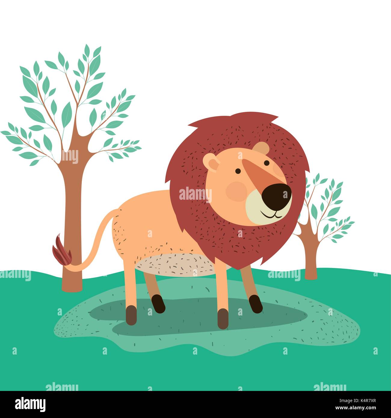 Animal lion caricature en arrière-plan des paysages forestiers Illustration de Vecteur