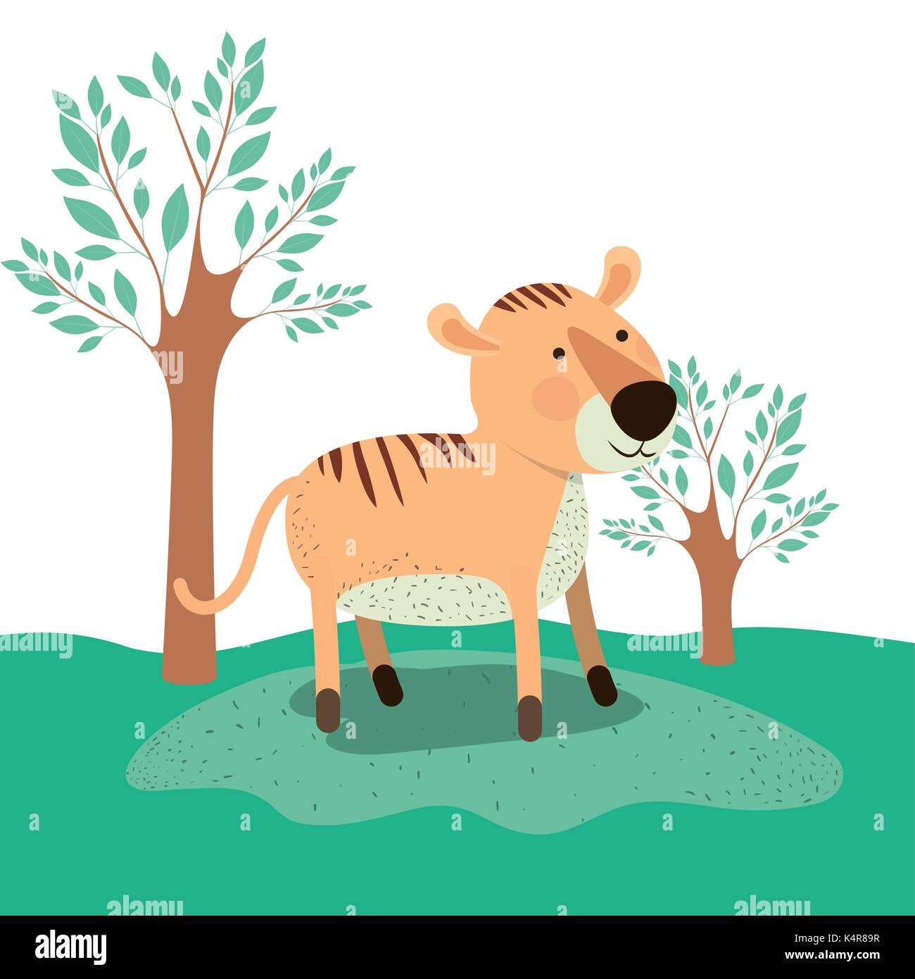 Animal tiger caricature en arrière-plan des paysages forestiers Illustration de Vecteur