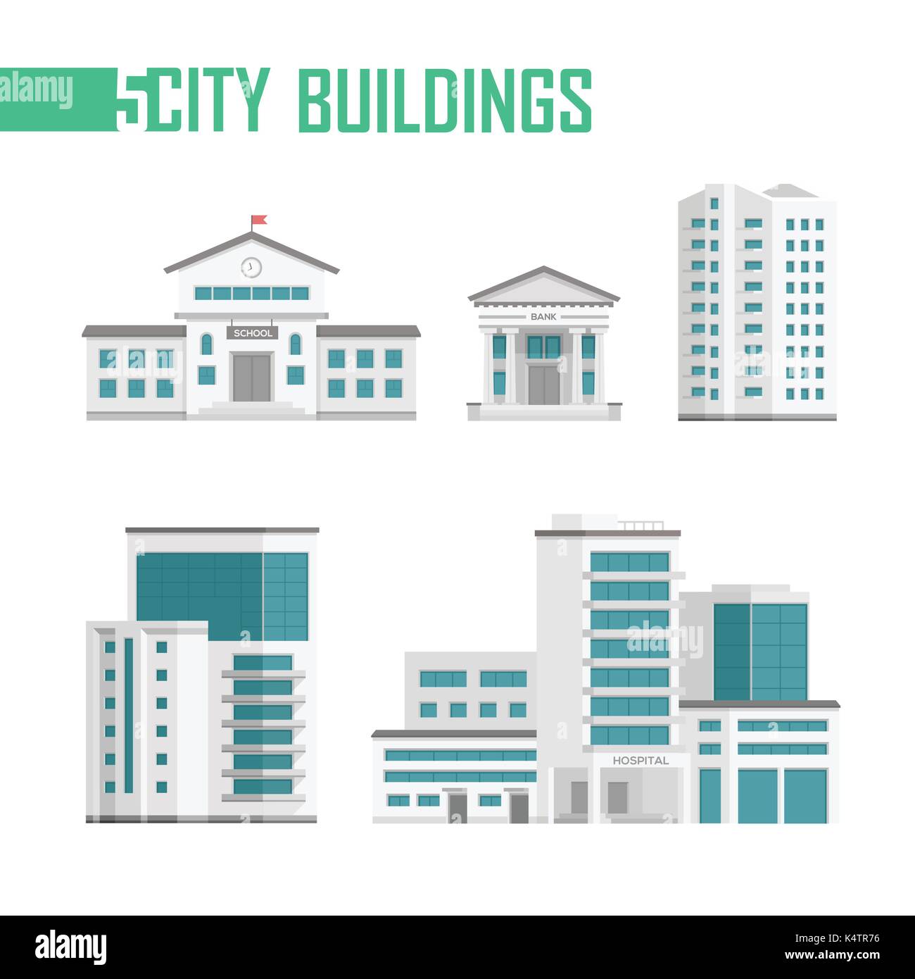 Cinq bâtiments de la ville ensemble d'icônes - vector illustration isolé sur fond blanc. L'école, banque, hôpital, deux gratte-ciel. Couleur gris et bleu Illustration de Vecteur
